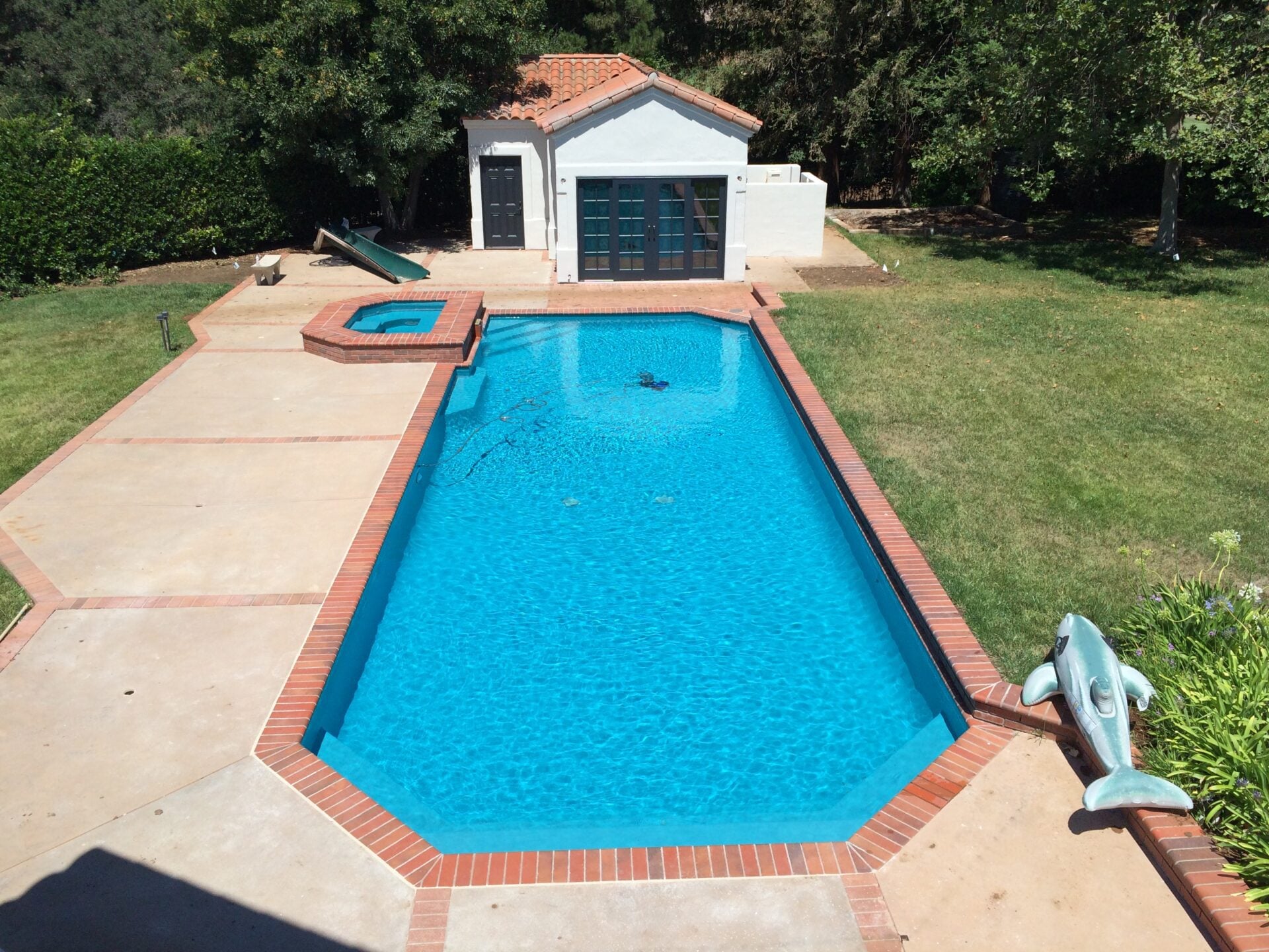 Long rectangular backyard pool with a fresh blue fiberglass finish
